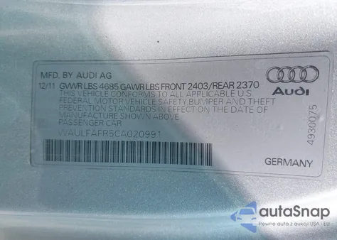 2012 Audi A5 2.0T Premium из США, поврежденный, VIN WAULFAFR5CA020991